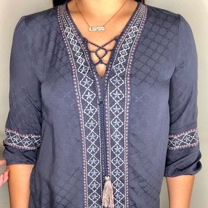 Boho 3/4 Sleeve Embroidered Top with Tassels